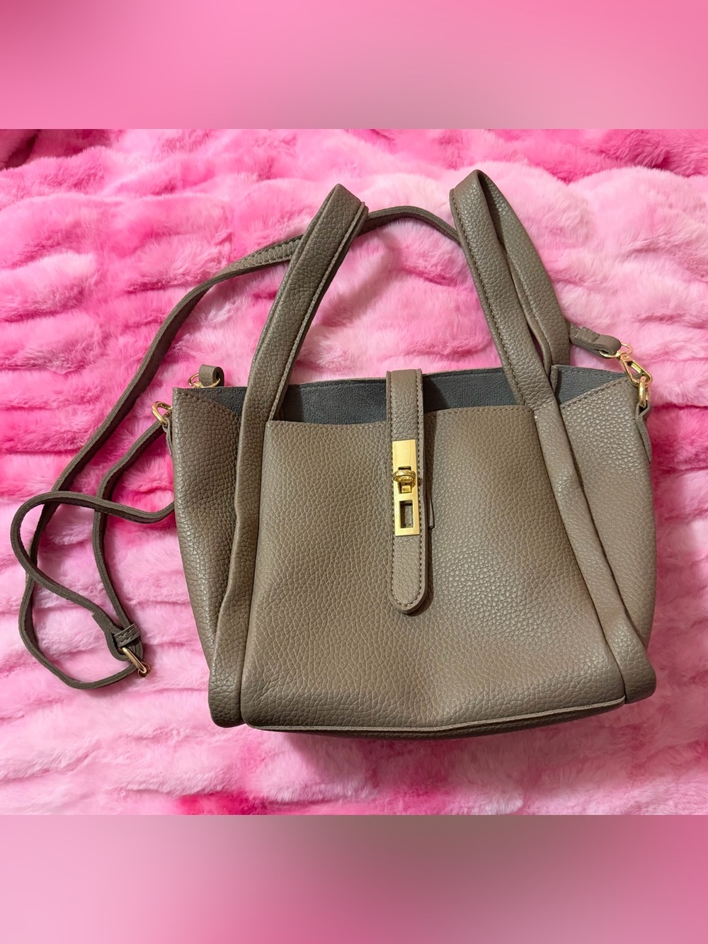 Taupe Pebbled Leather Tote Bag with Gold Hardware